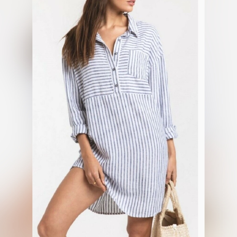 Rag Poets Blue and White Striped Long Shirt Dress Western Coastal Cowgirl
